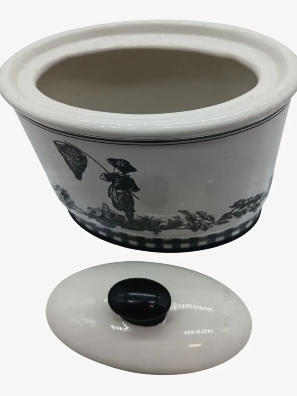 Vintage Waverly County Life Ceramic Lid Container Black White Toile Small Bath